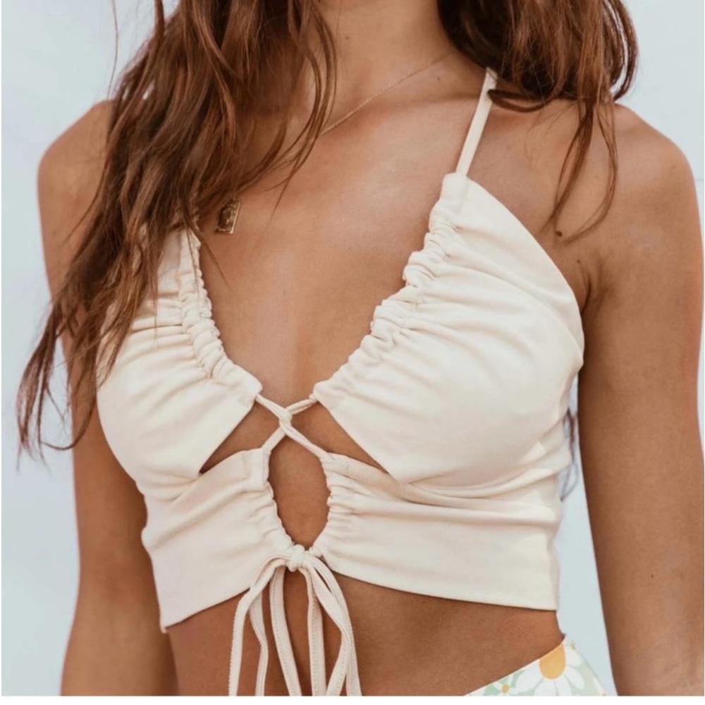 Princess Polly Cream Ruched Tie-Front Crop Top